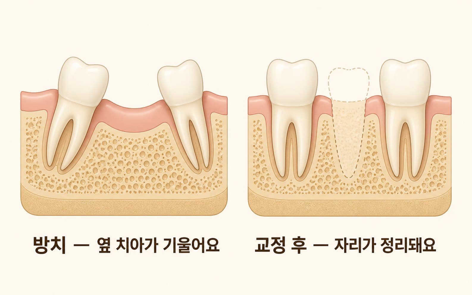 인포그래픽 — 빈 자리 방치 vs 교정 후 정리 — 임플란트 식립 위치 비교