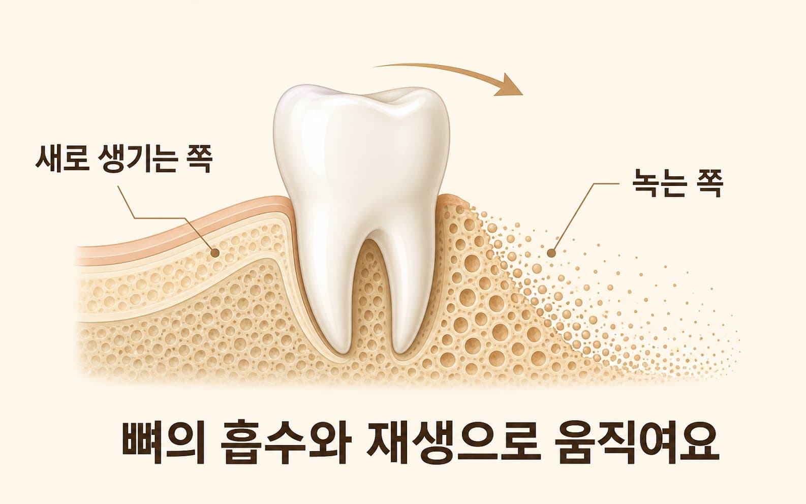 인포그래픽 — 치아 이동 원리 — 뼈의 흡수와 재생성