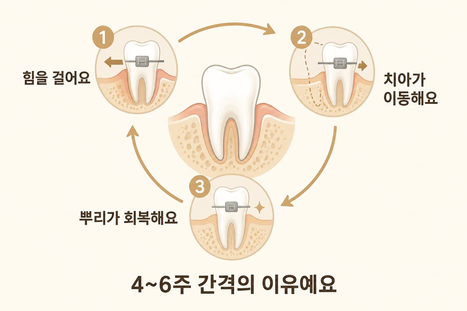 인포그래픽 — 내원 주기 동안 치아·뿌리에서 일어나는 일