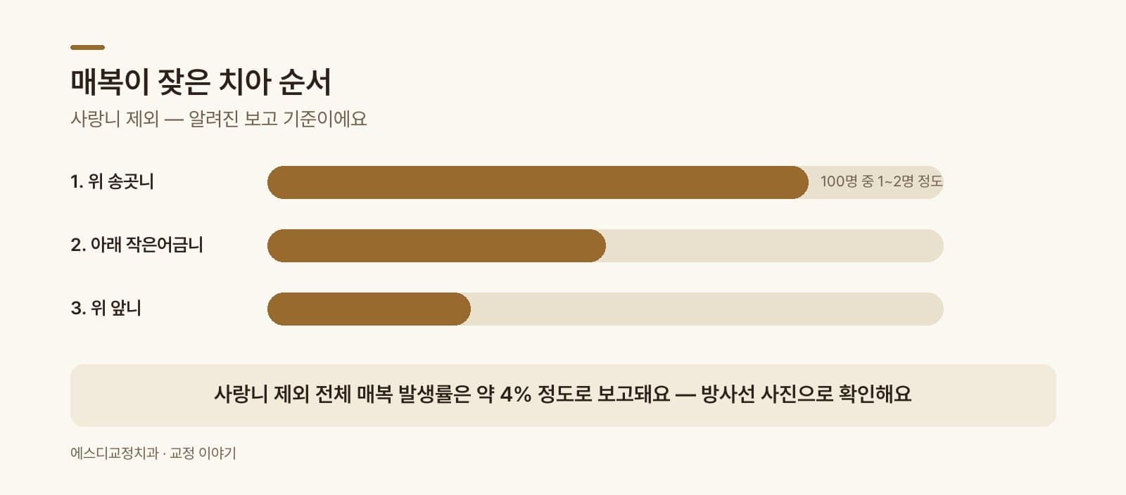 인포그래픽 — 매복이 잘 생기는 치아 순서 — 상악 송곳니 > 하악 소구치 > 상악 절치
