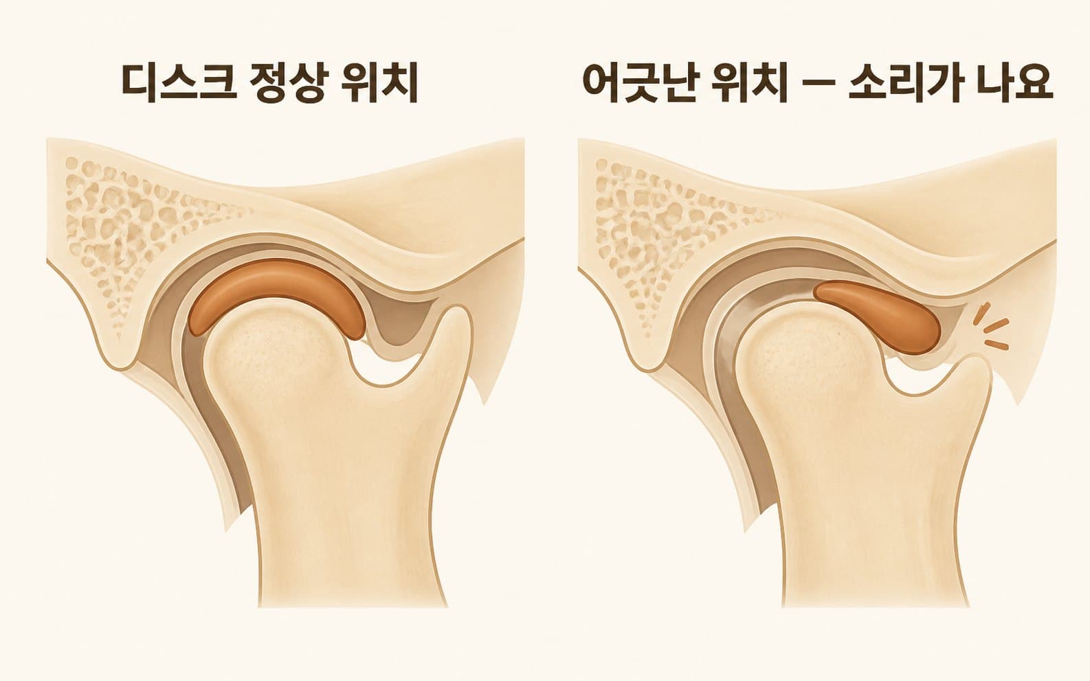 인포그래픽 — 정상 디스크 위치 vs 어긋난 디스크 — 소리와 걸림의 차이