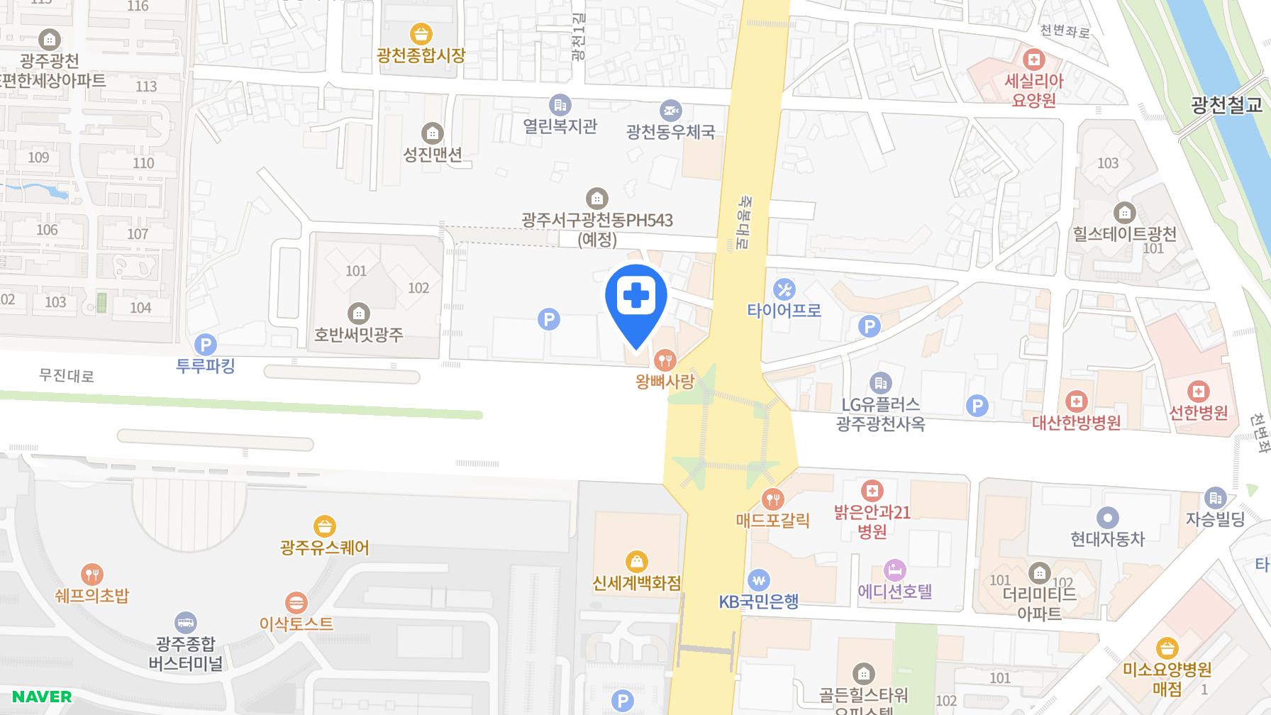 에스디교정치과 위치 지도 — 광주 서구 무진대로 935 광안빌딩 2층, 광천동 신세계백화점 정문 건너편(네이버 지도)