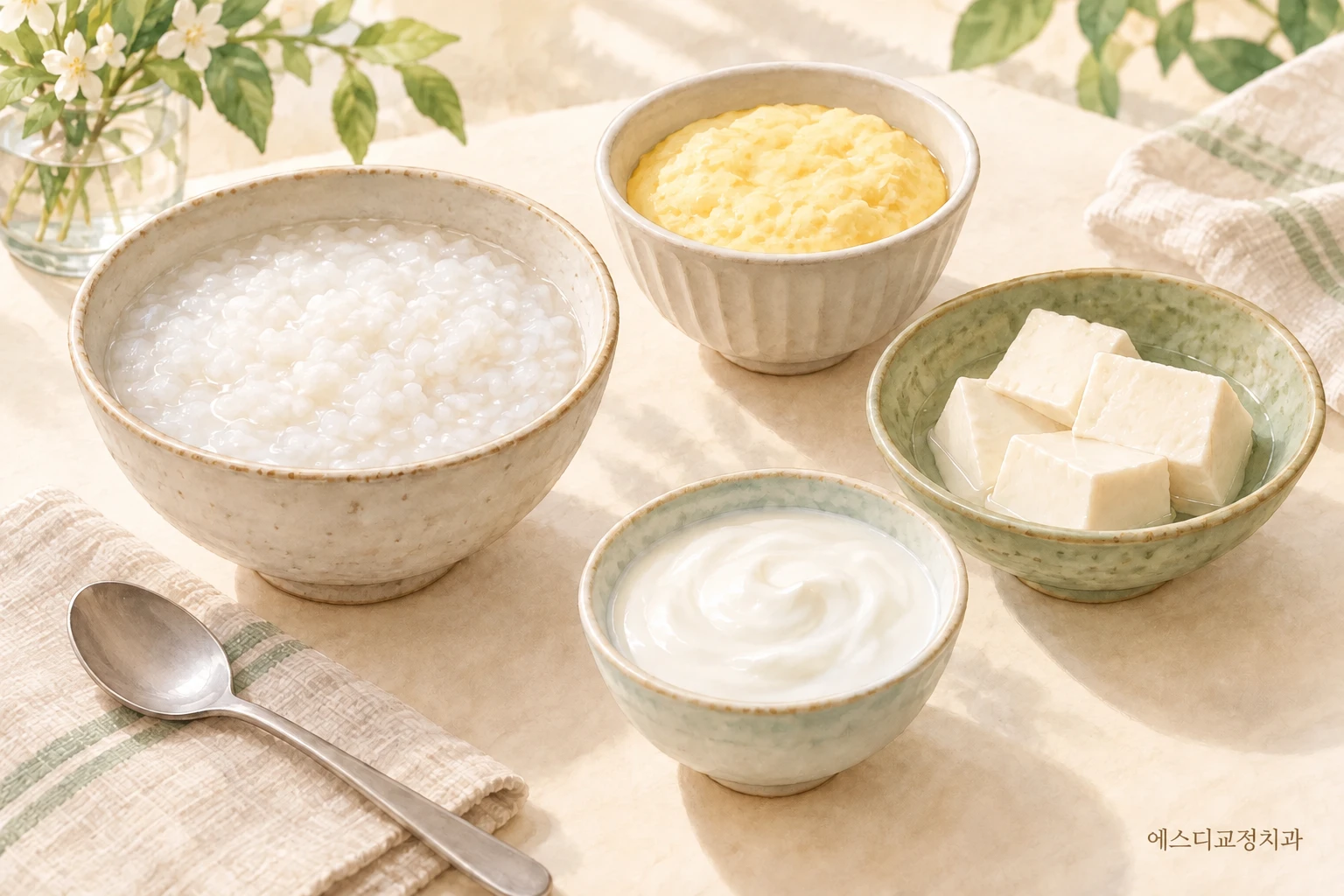 교정치료 초기 먹기 편한 부드러운 음식인 죽, 계란찜, 두부, 플레인 요거트를 담은 설명용 삽화