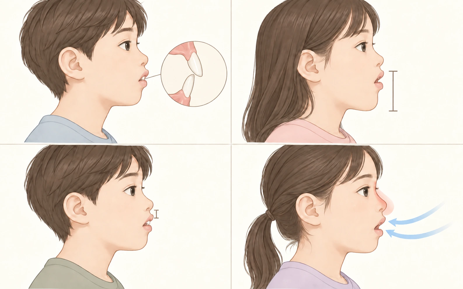 입술이 잘 다물어지지 않는 네 가지 원인 — 앞니 돌출, 세로로 긴 얼굴형, 짧은 윗입술, 코막힘과 구강호흡 습관