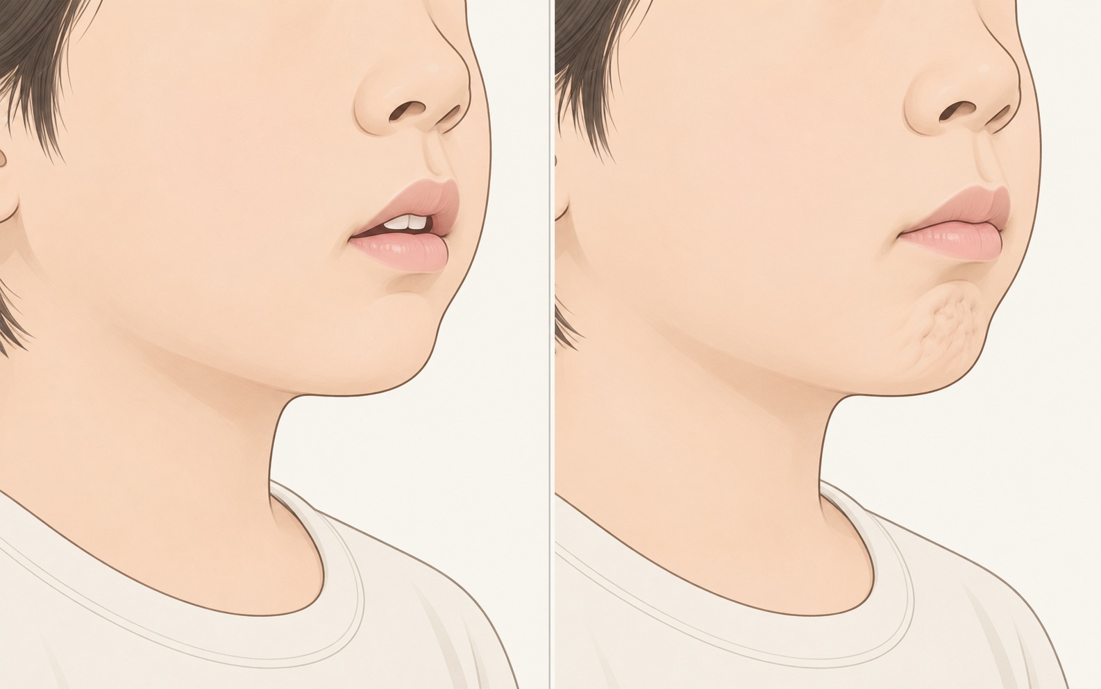 거울 앞에서 확인하는 두 장면 — 힘을 뺀 상태에서 입술이 떨어져 있는 모습과, 입을 다물 때 턱 끝에 주름이 잡히는 모습