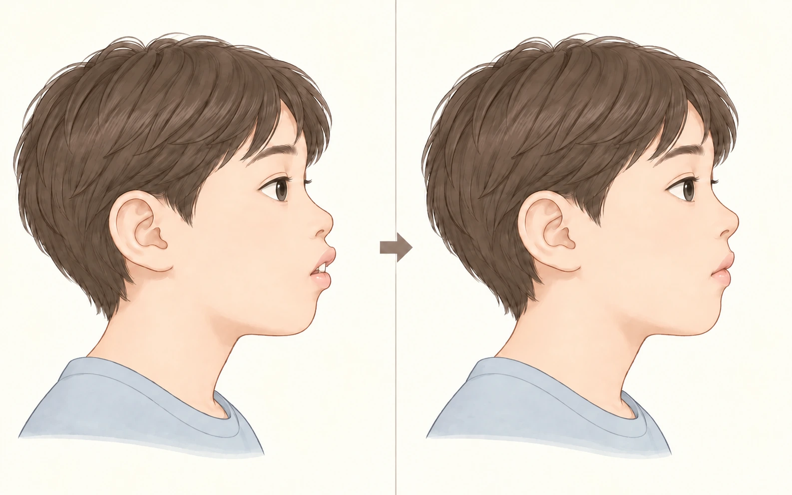 앞니 돌출로 입술이 벌어진 옆모습과 입술이 다물어진 옆모습을 비교한 설명용 모식도