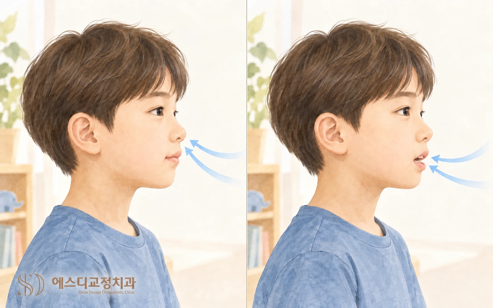 같은 아이가 코로 숨 쉬는 모습과 입으로 숨 쉬는 모습을 나란히 비교한 설명용 삽화