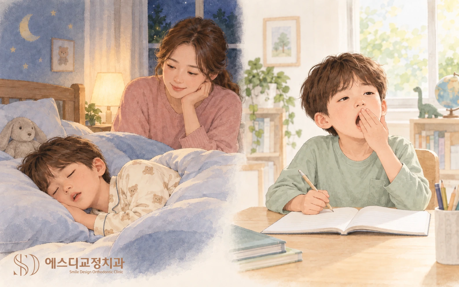 입을 벌리고 자는 아이를 지켜보는 보호자와 낮에 책상에서 하품하는 아이를 나란히 그린 삽화