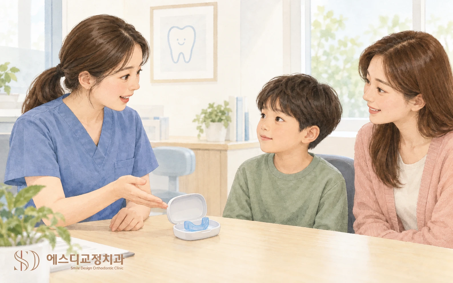 아이와 보호자가 진료실에서 근기능장치의 형태와 사용 목적에 관해 설명을 듣는 삽화