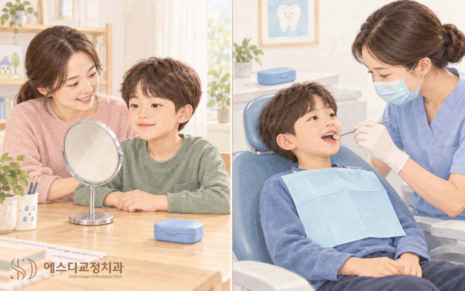 집에서 거울로 입술 자세를 연습하는 아이와 정기 검진에서 치열을 확인하는 장면을 나란히 그린 삽화