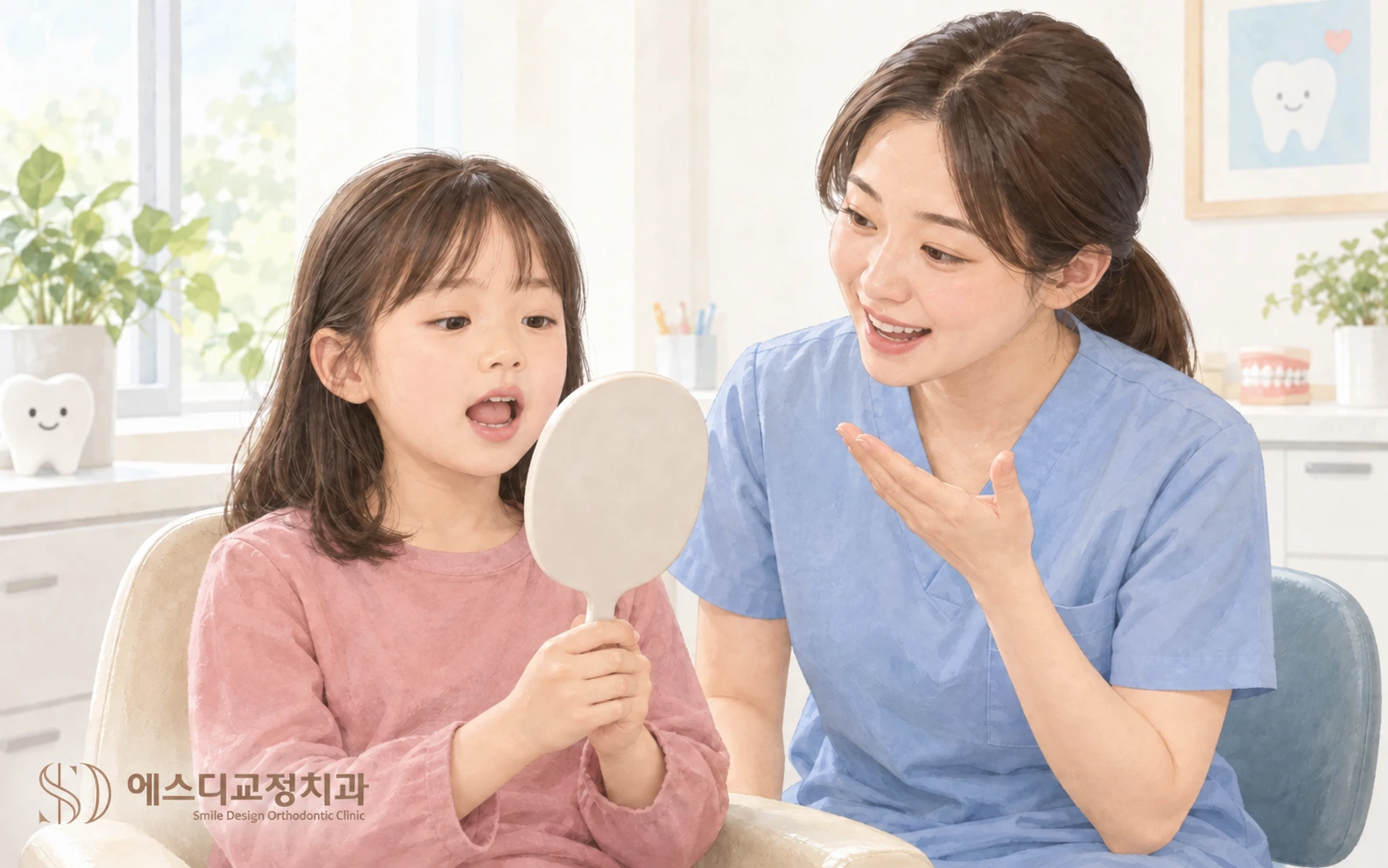 거울을 든 아이와 진료자가 입술과 혀의 움직임을 함께 확인하는 근기능 평가 장면