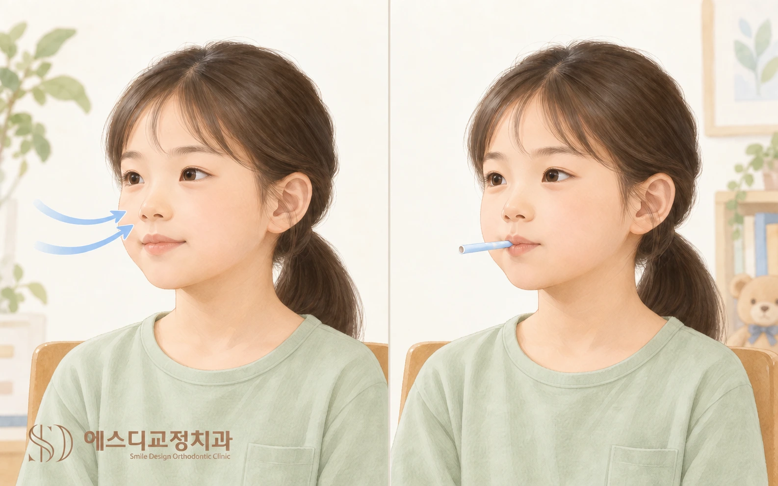 입술을 편하게 다물고 코로 숨 쉬기와 빨대를 입술로 가볍게 잡는 훈련을 보여주는 삽화