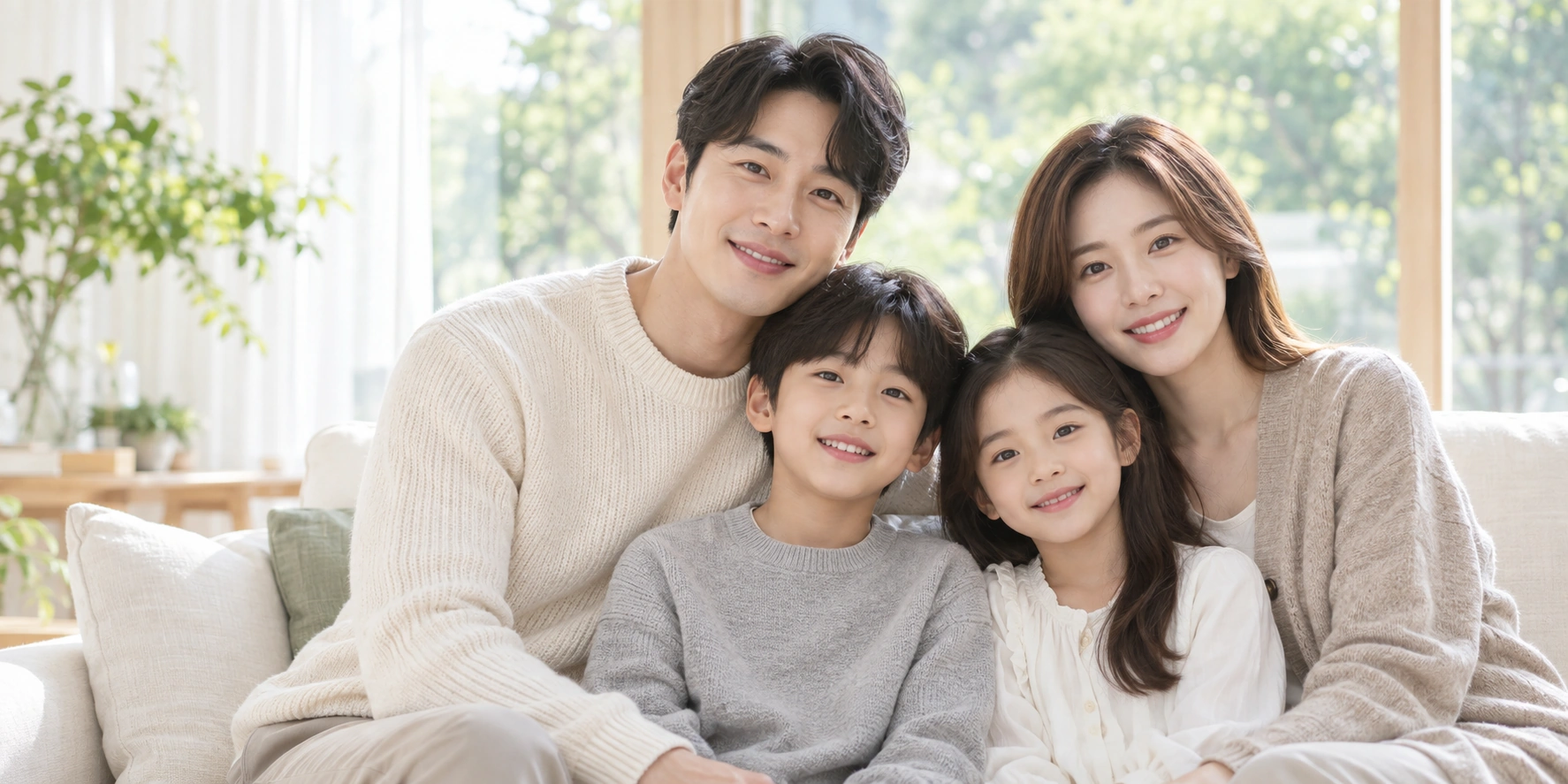 햇살과 정원이 보이는 창가에서 부모와 두 아이가 함께 미소 짓는 AI 생성 가족 이미지