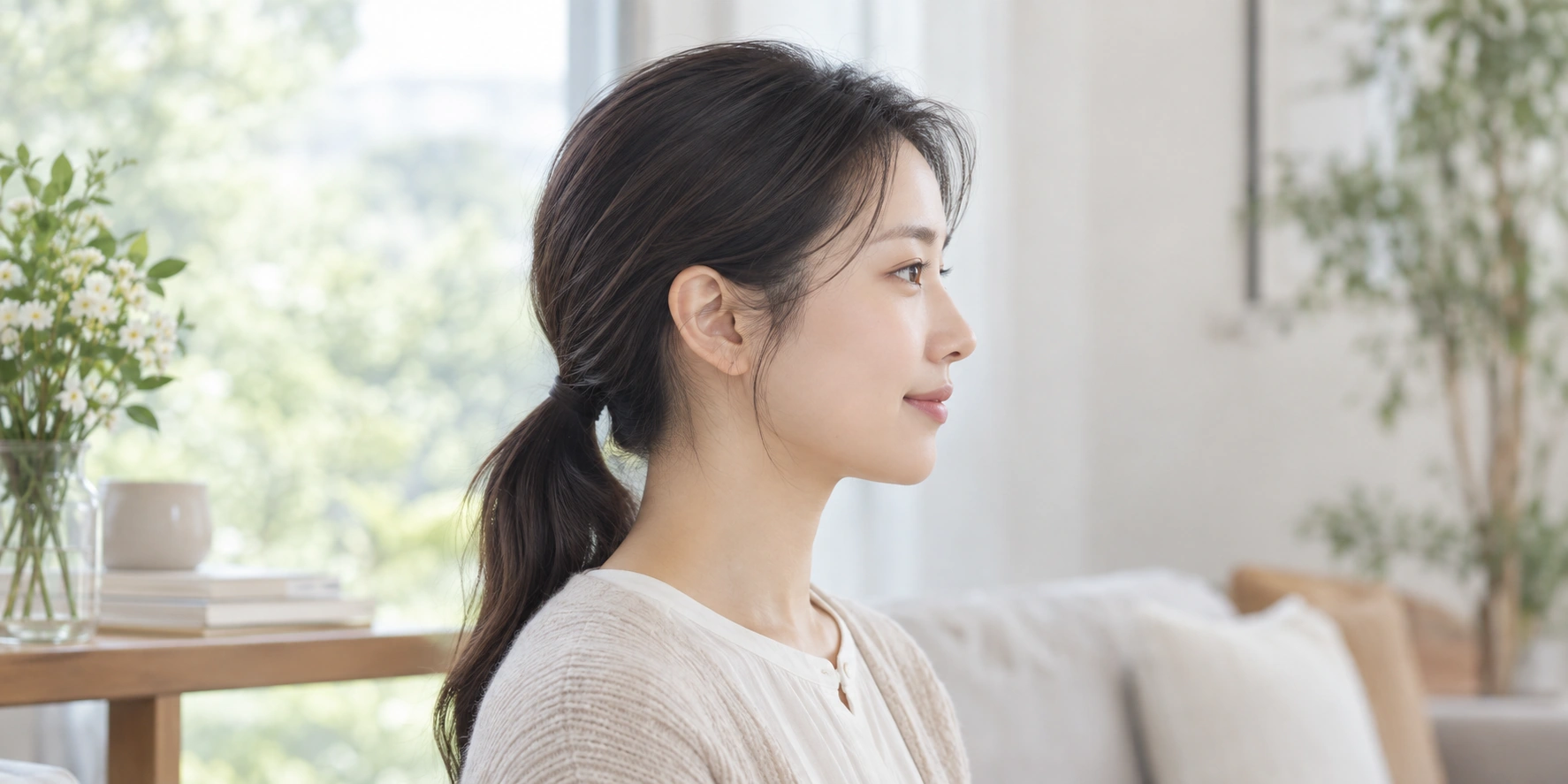 부드러운 자연광에서 오른쪽을 바라보며 코와 입술, 턱선이 보이는 여성 측면의 AI 생성 이미지