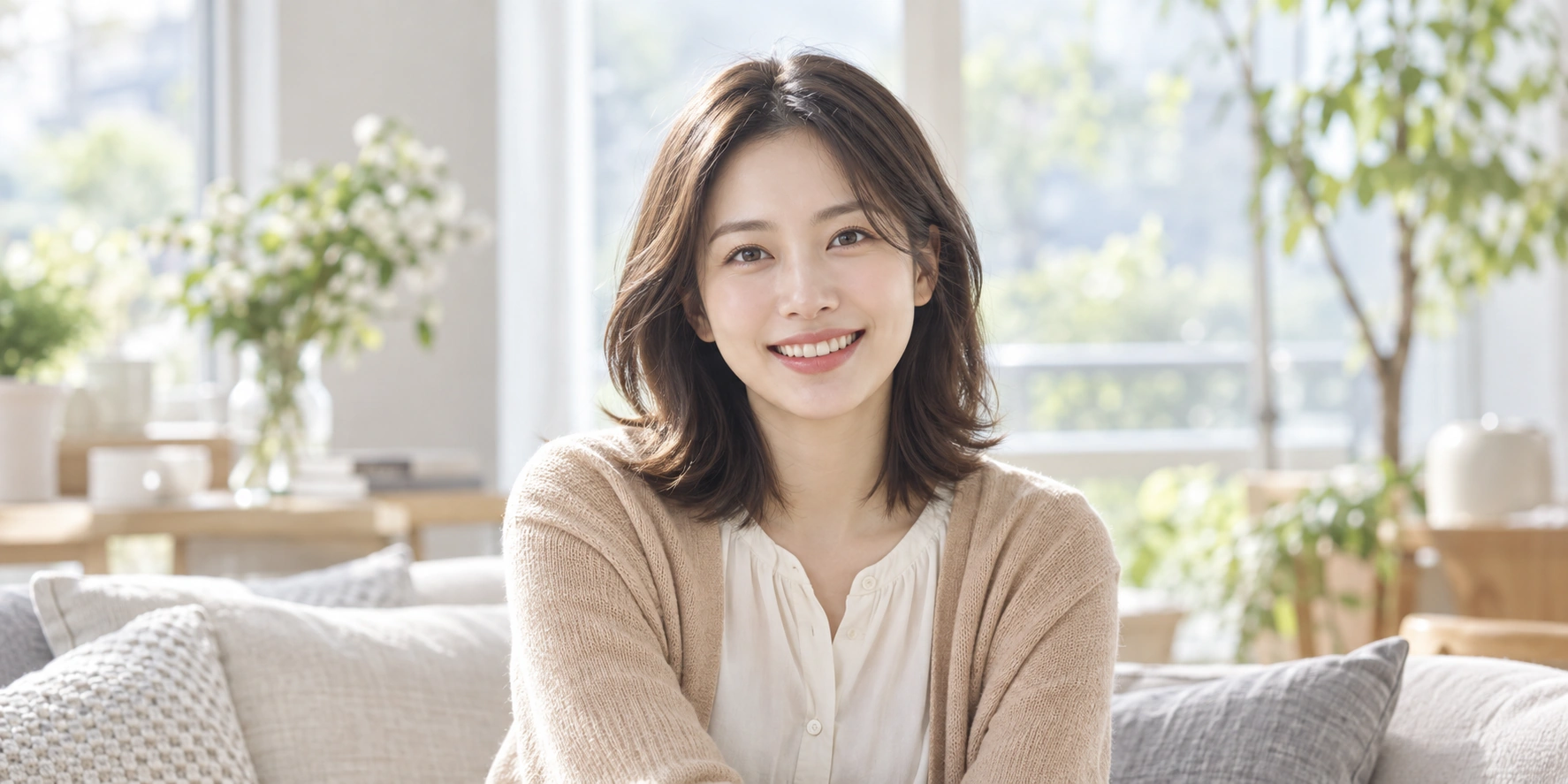 밝은 공간에서 여성이 자연스럽게 정면을 바라보며 미소 짓는 AI 생성 이미지