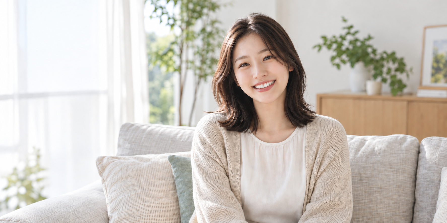 밝은 공간에서 여성이 자연스럽게 정면을 바라보며 미소 짓는 AI 생성 이미지