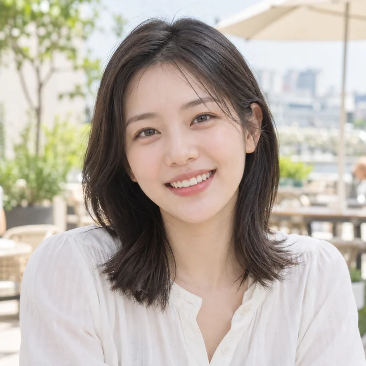 밝은 테라스에서 편안하게 웃는 20대 여성 — AI 생성 모델 이미지