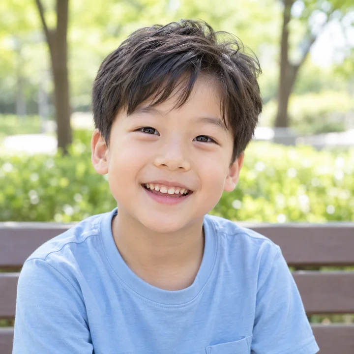공원 벤치에서 밝게 웃는 어린이 남아 — AI 생성 모델 이미지