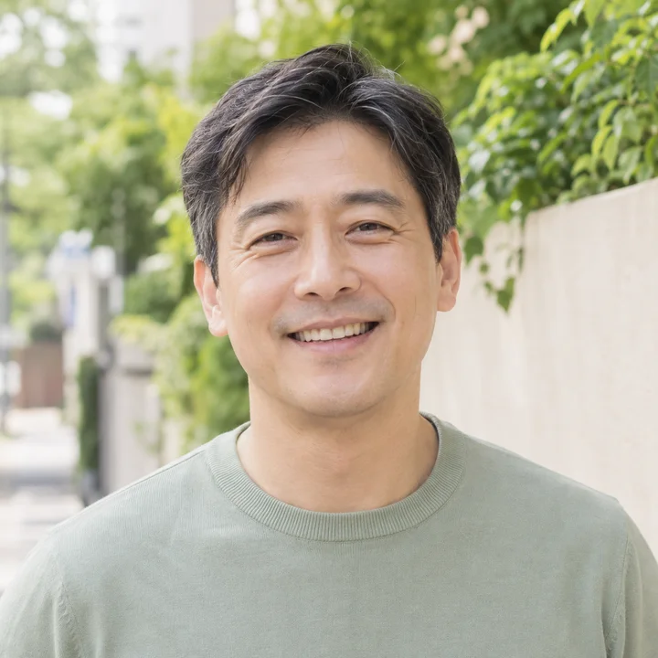 나무가 있는 산책길에서 밝게 미소 짓는 중장년 남성 — AI 생성 모델 이미지